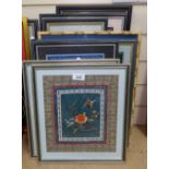 Various Oriental embroideries, framed (8)