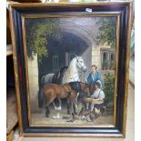 Coloured oleograph, Parisian street scene, and coloured print, feeding the horses (2)