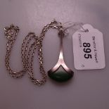 A stylised sterling silver and green stone teardrop pendant, on silver chain, pendant height 53.5mm,