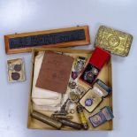 A First World War Queen Mary tin, and commemorative items, Regimental badges, a Territorial Army