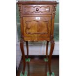 A French walnut marble-top bedside pot cupboard, on carved cabriole legs, W38cm