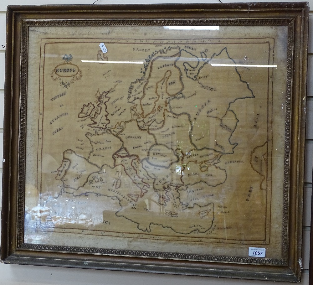 A 19th century silk embroidered map of Europe, 24.5" x 21", framed