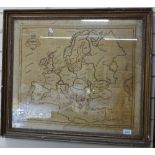 A 19th century silk embroidered map of Europe, 24.5" x 21", framed