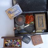 A tin containing boxes, a cash tin, miniature ornaments etc