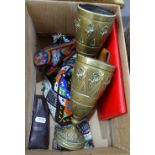 A pair of bronze goblets, 7.25", beadwork items, leather pen cases etc