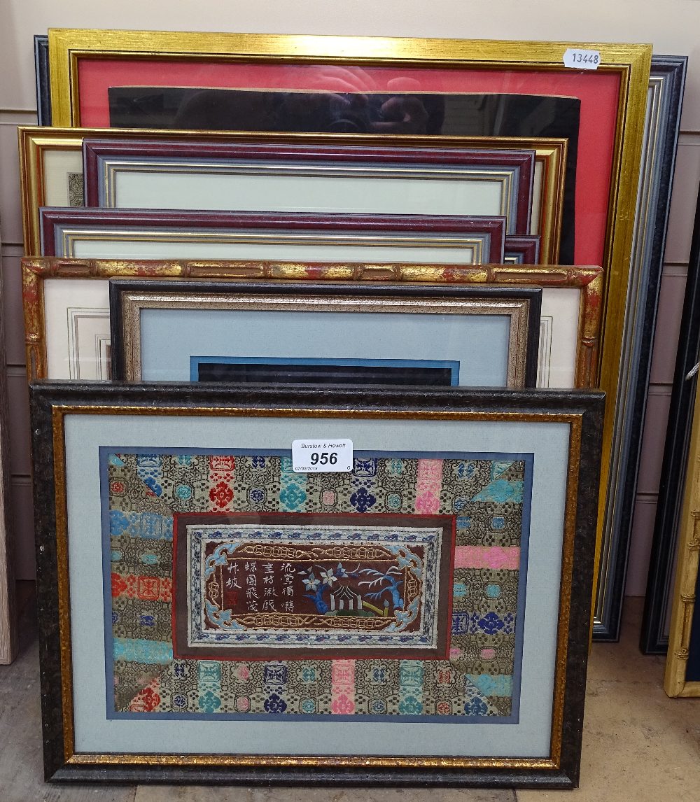 Various Oriental embroideries, framed (9)