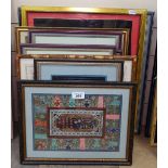 Various Oriental embroideries, framed (9)