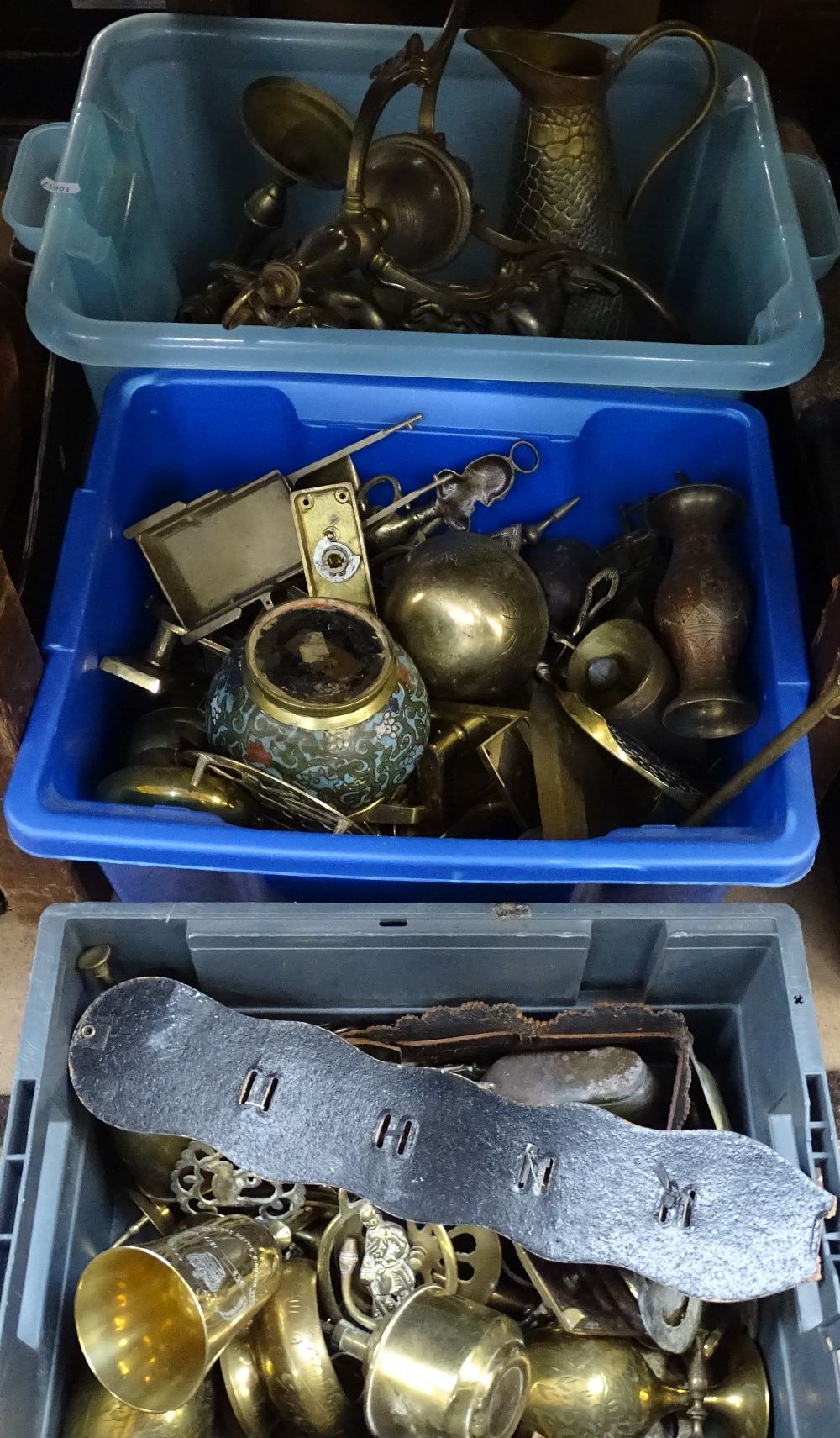 3 boxes of brass ornaments, goblets etc