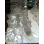 4 glass decanters and stoppers, tallest 11", glass bowls etc