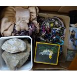 A box with costume jewellery, a carved soapstone ornament, ???? etc