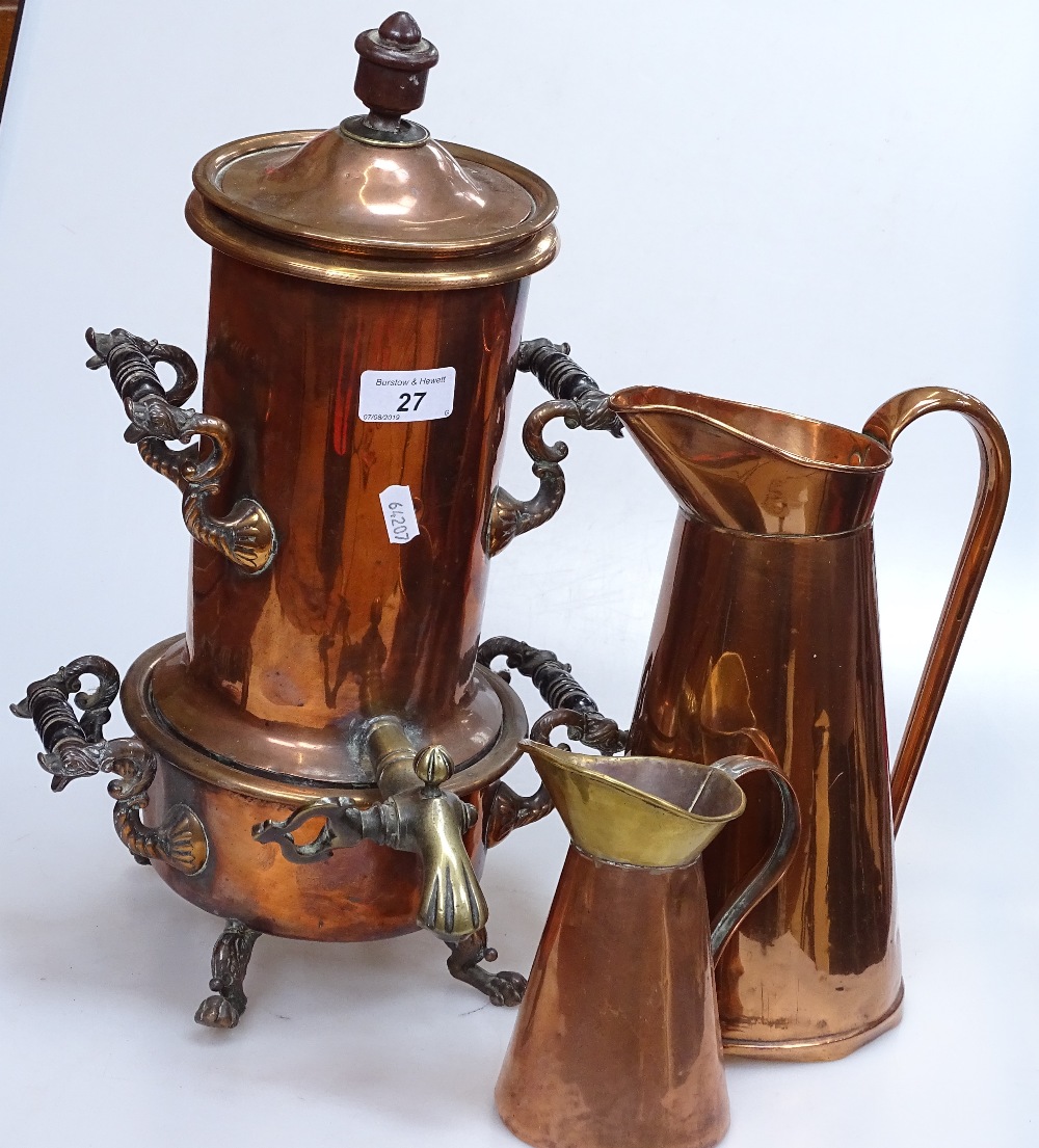 A copper and brass samovar, 16", and 2 Antique copper jugs