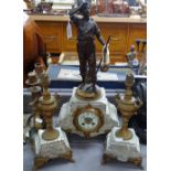 A Continental gilt-metal mounted mantel clock garniture, surmounted by a spelter figure, height 20.