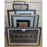 Various Oriental embroideries, framed (8)