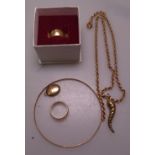 An 18ct gold wedding band, 4.8g, a 9ct gold rope twist chain and pendant, wedding band, bangle,