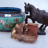 A cloisonne bowl, length 9.5", a soapstone smoker's stand, and an Oriental Tang style horse