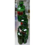 2 green glass chemist's jars and stoppers, height 10.25", and other green glass bottles etc