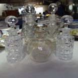 2 pairs of cut-glass decanters, an Antique gilded glass flask and stopper, height 5.75", a jug,