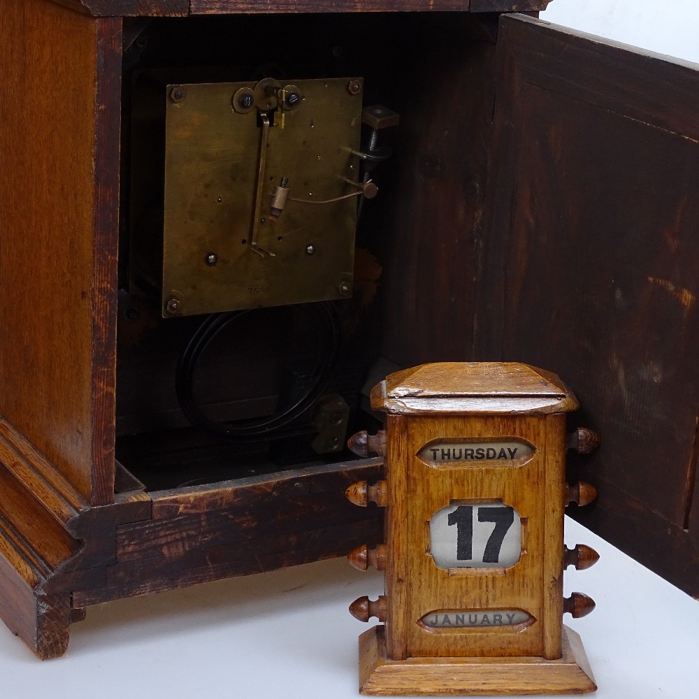 An oak perpetual calendar, and an oak-cased mantel clock with 2-train movement, height 15" - Image 2 of 2