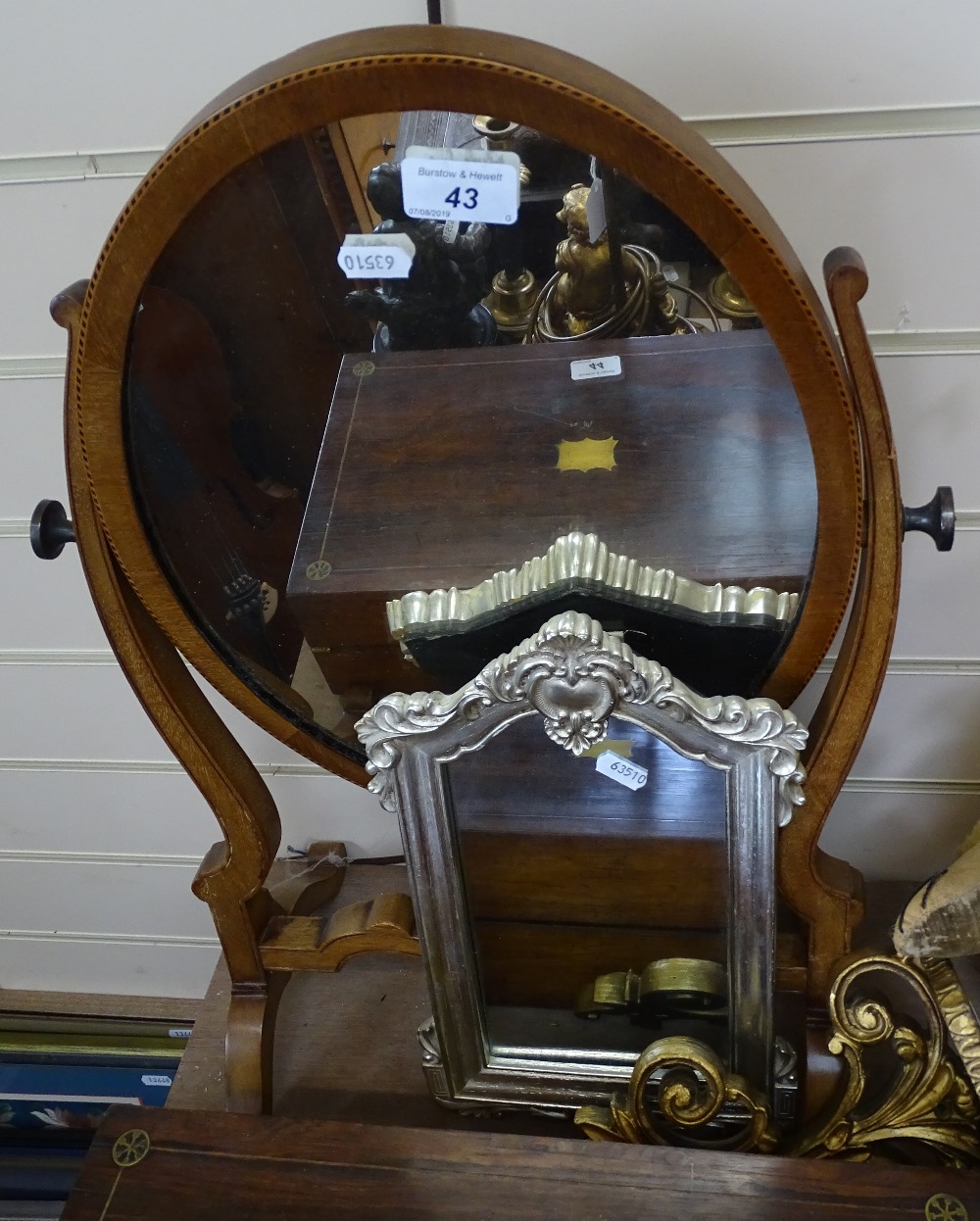 An Edwardian inlaid mahogany oval swing toilet mirror, another, and a gilt composition wall bracket - Image 2 of 2