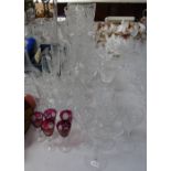 6 crystal Champagne flutes, drinking glasses, a jug, a bell etc