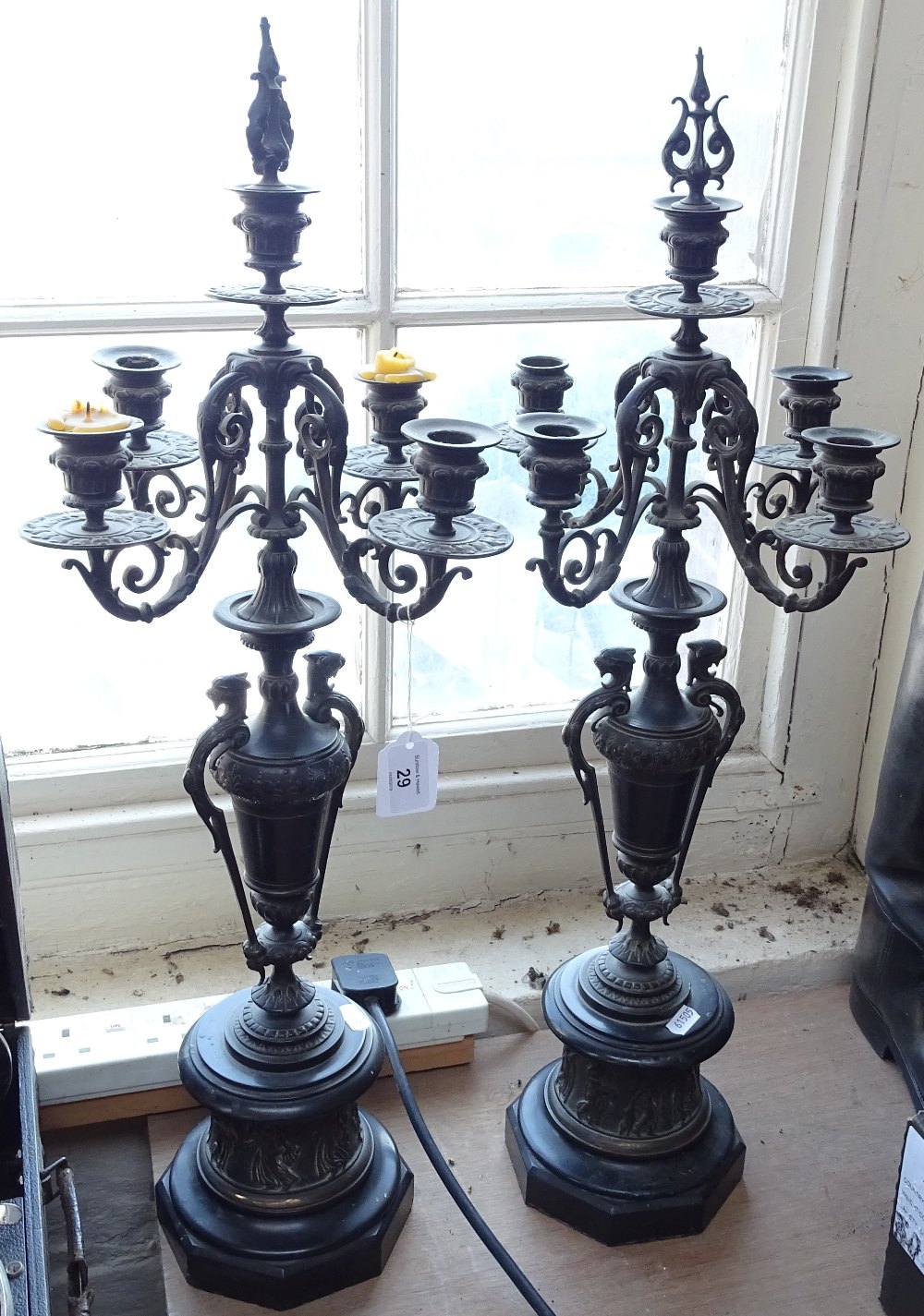 A pair of embossed cast-metal 5-branch candelabra, with urn design, height 68cm - Image 2 of 2