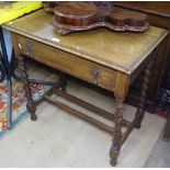 1920s oak side table, single frieze drawer, on barley twist legs, W75cm, H73cm