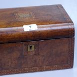 A 19th century walnut workbox with inlaid marquetry decoration, fitted tray, and contents, 25cm