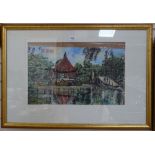 Clifford H Fisher, watercolour, Oriental temple scene, stamped 13" x 20", framed
