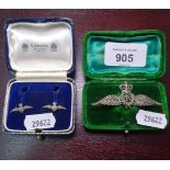 A sterling silver and marcasite set RAF sweetheart brooch, together with a pair of silver RAF