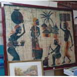 A large African Batik painting, village scene, unsigned, 53" x 68", framed