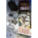 British and other coins, some with silver content, bank notes, and a tin