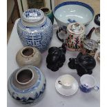 A Chinese ginger jar and cover, 23cm, 3 others, elephant money boxes, a bowl etc