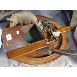 Vintage tools, an oval tray, 31cm, treen items, and a coin-fringed cap