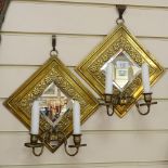 A pair of Antique bevelled-glass embossed brass twin wall sconces, height 31cm overall