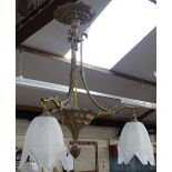 A 3-branch brass ceiling light fitting with shades, 40cm across approx