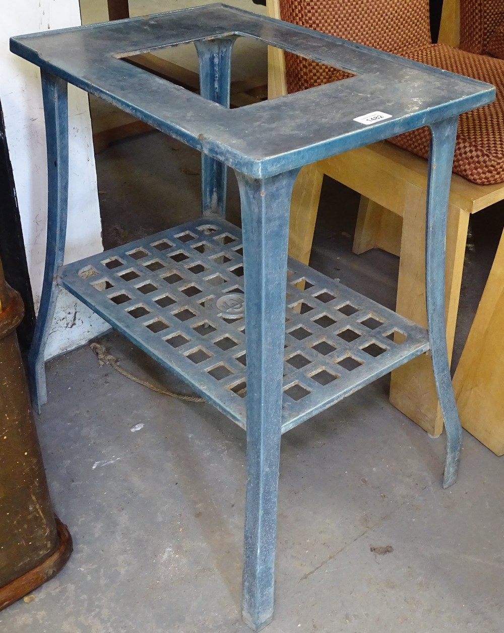 A Vintage Continental enamelled 2-tier stand, H60cm, monogrammed EC