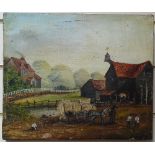 19th century oil on canvas, farmyard scene, unsigned, 10" x 12", unframed