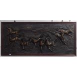 A large composite relief panel, "wild horses", oak-framed, L202cm, H99cm