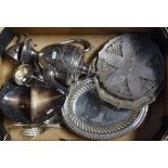 A box containing a Victorian silver plated engraved coffee pot, a salver, cutlery etc