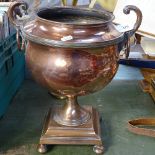 A 19th century 2-handled copper pot on stand with ball feet, height 40cm