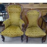 A Victorian mahogany-framed and upholstered armchair, and matching nursing chair