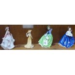 3 Royal Doulton ladies, and a Royal Worcester figure