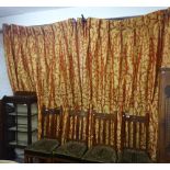 3 pairs of lined and inter-lined red and gold curtains, with tie backs, 8' x 8' approx