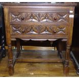 A small oak chest, with 2 carved frieze drawers, on turned baluster legs, W64cm, H72cm