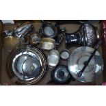 A box containing silver plated spirit kettle, a coffee pot, teaware etc