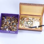 Various cufflinks, and a carved wood box with costume jewellery