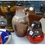 West German vase with stylised bird decoration, 43cm, jardiniere, and a red glaze vase