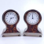 A pair of French silver plate and tortoiseshell-cased clocks, height 9.5cm