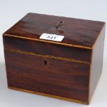 A 19th century rosewood caddy with inlaid stringing and brass handle, length 15.5cm