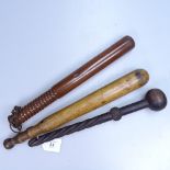 2 turned wood truncheons and a knobkerry